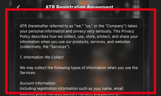 ATR Registration Agreementから開いたPrivacy Policyの表示