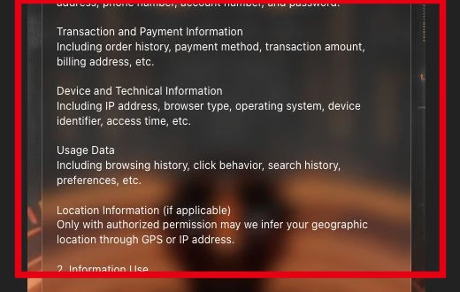 ATRのPrivacy Policyに列挙された支払い・端末・利用・位置情報