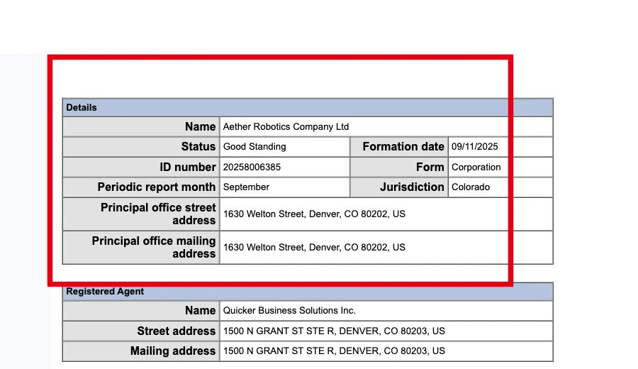 Colorado Secretary of Stateに掲載されたAether Robotics Company Ltdの登記情報