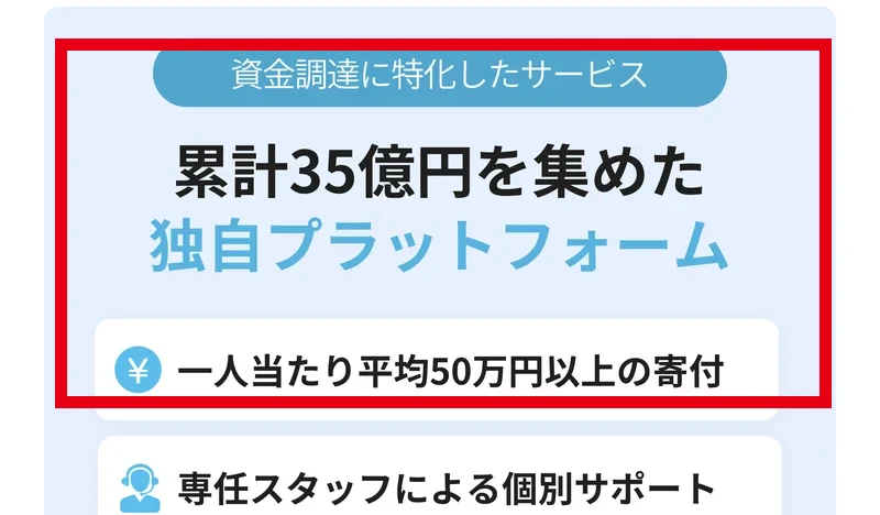 寄付型クラファンが累計35億円と平均50万円以上を案内する画面