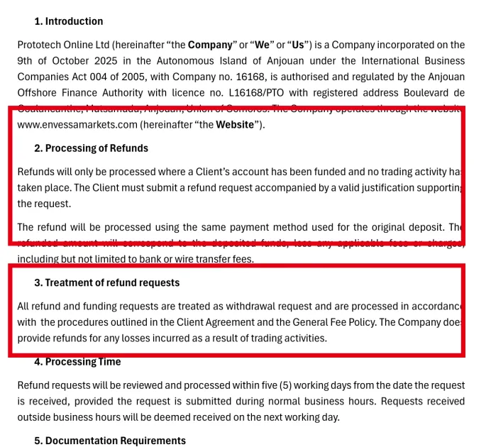 Envessa Markets公式返金規程にある取引前の返金条件と取引損失に関する記載