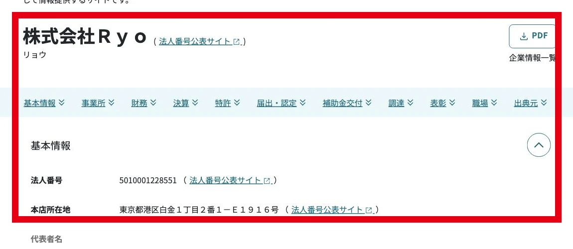 Gビズインフォに掲載された株式会社Ryoの法人番号と本店所在地