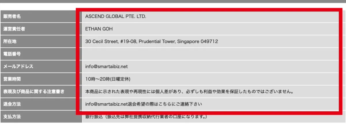 ASCEND GLOBAL PTE. LTD.の販売者情報と空欄の電話番号欄