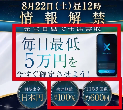 EX-MAKERのLINEにある完全自動で生涯無敗、毎日最低5万円、勝率100％という表示