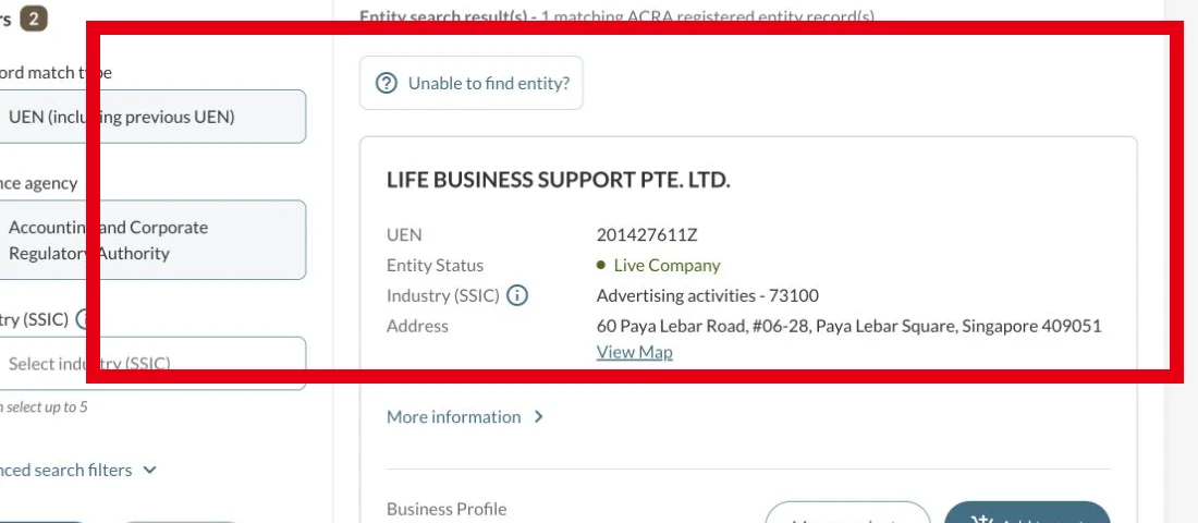 シンガポール政府の法人検索に表示された法人登録番号とPAYA LEBAR ROADの住所