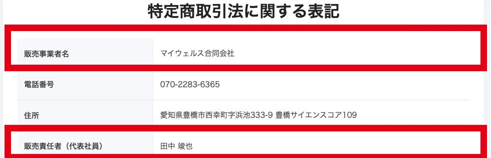 smart worksの特商法ページにあるマイウェルス合同会社と販売責任者の田中竣也氏