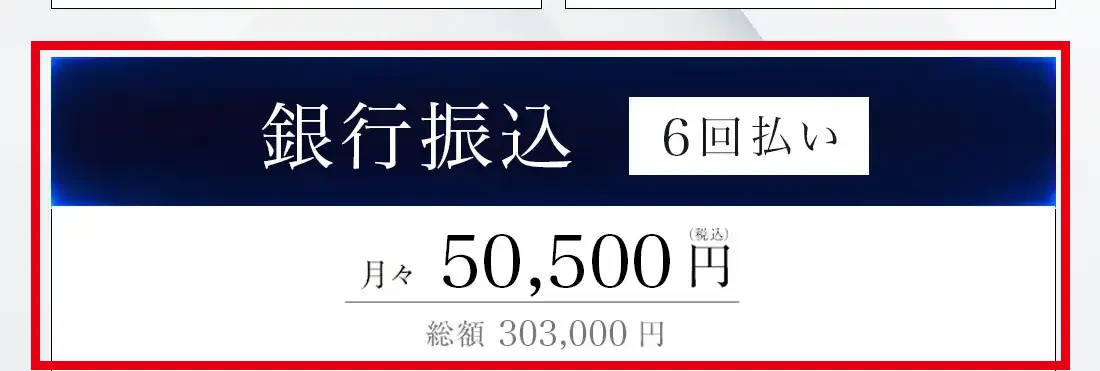 PLUTUS GATEの銀行振込6回払いで月々50,500円と総額303,000円という表示